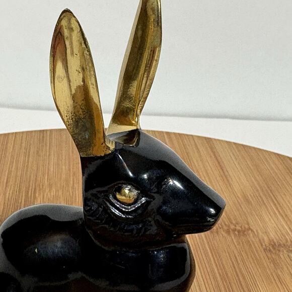 Black Brass Rabbit Hare Bronze Gold Ears MCM 4 3/4" Tall Bunny Retro Vintage - Picture 3 of 12